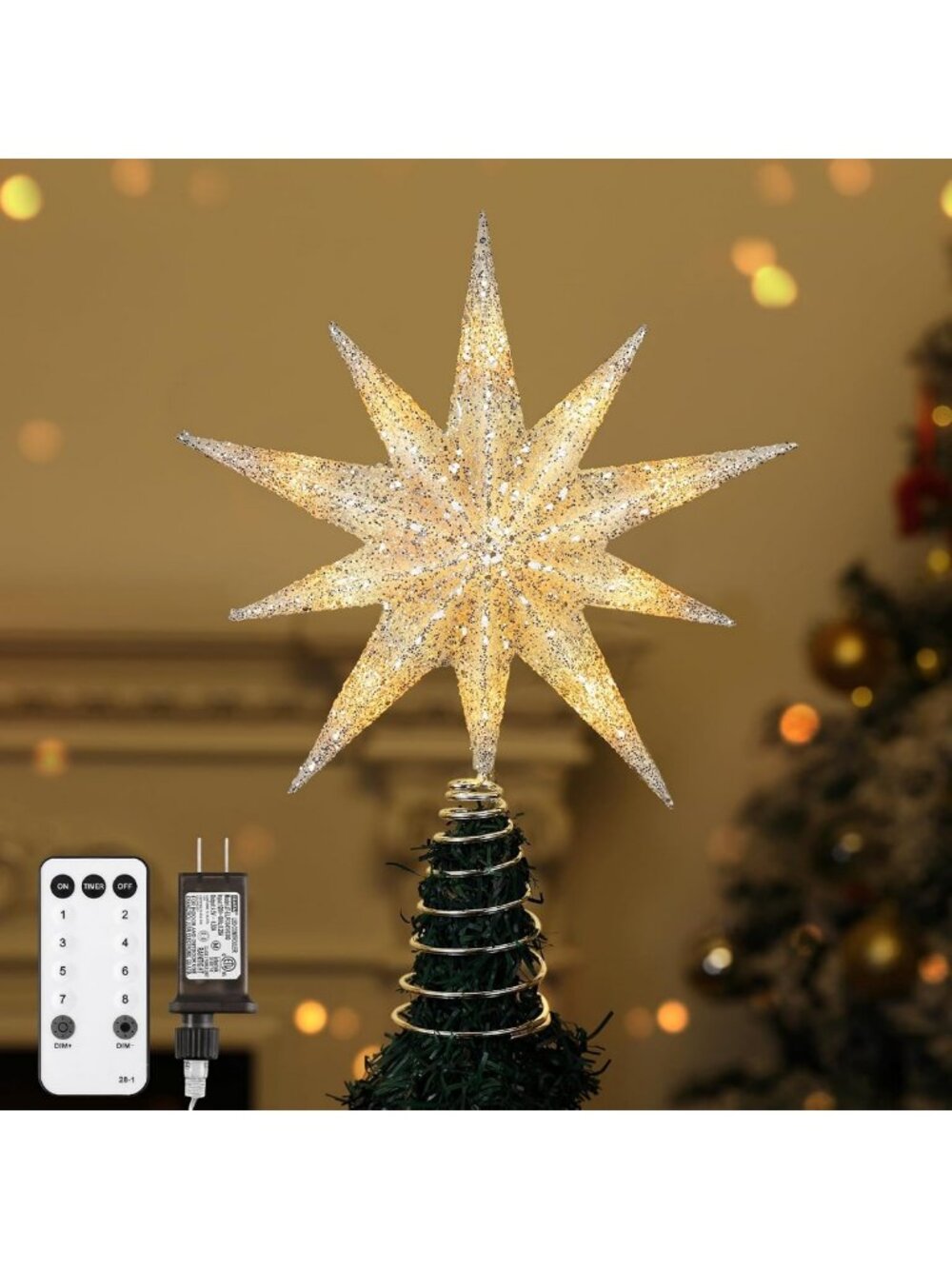 Light Up Christmas Tree Topper Star - 13" 10-Point Treetop with Remote, Timer